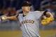 MIAMI, FL - AUGUST 16: Matt Cain #18 of the San Francisco Giants pitches during a game against the Miami Marlins at Marlins Park on August 16, 2017 in Miami, Florida. (Photo by Mike Ehrmann/Getty Images)