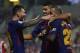 GIRONA, SPAIN - SEPTEMBER 23: Luis Suarez of Barcelona celebrates scoring his team's second goal with his teammates Aleix Vidal (R) and Lionel Messi (L) during the La Liga match between Girona and Barcelona at Municipal de Montilivi Stadium on September 23, 2017 in Girona, Spain. (Photo by Manuel Queimadelos Alonso/Getty Images)