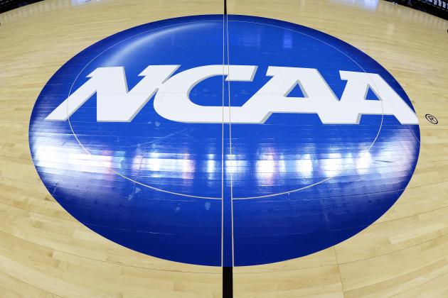 CHARLOTTE, NC - MARCH 22: A view of the NCAA logo at mid-court prior to a game between the Michigan State Spartans and the Virginia Cavaliers during the third round of the 2015 NCAA Men's Basketball Tournament at Time Warner Cable Arena on March 22, 2015 in Charlotte, North Carolina. Michigan State won 60-54. (Photo by Lance King/Getty Images)