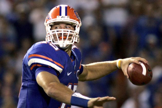 Florida Gators quarterback Tim Tebow drops to throw during an NCAA football game between Florida and Miami in Gainesville, Fla., Saturday, Sept. 6, 2008. (AP Photo/Reinhold Matay)