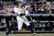 NEW YORK, NY - SEPTEMBER 27: Aaron Judge #99 of the New York Yankees hits a two run double to score Jacoby Ellsbury #22 and Aaron Hicks #31 of the New York Yankees against the Tampa Bay Rays at Yankee Stadium on September 27, 2017 in the Bronx borough of New York City. (Photo by Abbie Parr/Getty Images)