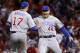 Chicago Cubs' Anthony Rizzo (44) and Kris Bryant (17) celebrate after defeating the St. Louis Cardinals in a baseball game to clinch the National League Central title Wednesday, Sept. 27, 2017, in St. Louis. (AP Photo/Jeff Roberson)