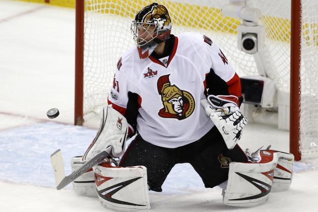 Ottawa Senators goalie Craig Anderson (41) blocks a shot against the Pittsburgh Penguins during the first period of Game 7 of the Eastern Conference final in the NHL Stanley Cup hockey playoffs in Pittsburgh, Thursday, May 25, 2017. (AP Photo/Gene J. Puskar)