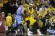 Cleveland Cavaliers' LeBron James backs in against Oklahoma City Thunder's Russell Westbrook (0) in an NBA basketball game Sunday, Jan. 25, 2015, in Cleveland. (AP Photo/Mark Duncan)