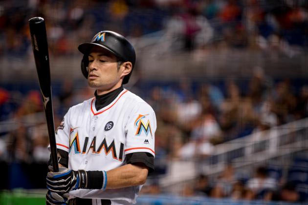 MIAMI, FL - SEPTEMBER 28: Ichiro Suzuki #51 of the Miami Marlins on deck before pinch hitting during the sixth inning of the game against the Atlanta Braves at Marlins Park on September 28, 2017 in Miami, Florida. (Photo by Rob Foldy/Miami Marlins via Getty Images)