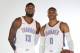 OKLAHOMA CITY, OK - SEPTEMBER 25: Paul George #13 and Russell Westbrook #0 of the Oklahoma City Thunder pose for a portrait during 2017 NBA Media Day on September 25, 2017 at the Chesapeake Energy Arena in Oklahoma City, Oklahoma. NOTE TO USER: User expressly acknowledges and agrees that, by downloading and or using this Photograph, user is consenting to the terms and conditions of the Getty Images License Agreement. Mandatory Copyright Notice: Copyright 2017 NBAE (Photo by Layne Murdoch/NBAE via Getty Images)