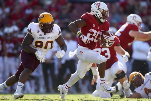 PALO ALTO, CA - SEPTEMBER 30:  Bryce Love #20 of the Stanford Cardinal runs with the ball against the Arizona State Sun Devils at Stanford Stadium on September 30, 2017 in Palo Alto, California.  (Photo by Ezra Shaw/Getty Images)