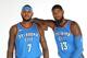 OKLAHOMA CITY, OK - SEPTEMBER 25: Carmelo Anthony #7 and Paul George #13 of the Oklahoma City Thunder pose for a portrait during the 2017 NBA Media Day on September 25, 2017 at the Chesapeake Energy Arena in Oklahoma City, Oklahoma. NOTE TO USER: User expressly acknowledges and agrees that, by downloading and or using this Photograph, user is consenting to the terms and conditions of the Getty Images License Agreement. Mandatory Copyright Notice: Copyright 2017 NBAE (Photo by Layne Murdoch/NBAE via Getty Images)