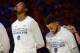 OAKLAND, CA - JUNE 12: Kevin Durant #35 and Stephen Curry #30 of the Golden State Warriors during the national anthem before the game against the Cleveland Cavaliers in Game Five of the 2017 NBA Finals on June 12, 2017 at ORACLE Arena in Oakland, California. NOTE TO USER: User expressly acknowledges and agrees that, by downloading and/or using this photograph, user is consenting to the terms and conditions of Getty Images License Agreement. Mandatory Copyright Notice: Copyright 2017 NBAE (Photo by Andrew D. Bernstein/NBAE via Getty Images)