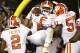 Clemson linebacker Dorian O'Daniel (6) celebrates with his teammates after a pick six during the second half of an NCAA college football game in Blacksburg, Va., Saturday, Sept. 30, 2017. Clemson won the game 31-17. (AP Photo/Steve Helber)