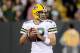 GREEN BAY, WI - SEPTEMBER 28: Aaron Rodgers #12 of the Green Bay Packers drops back to pass in the second quarter against the Chicago Bears at Lambeau Field on September 28, 2017 in Green Bay, Wisconsin. (Photo by Stacy Revere/Getty Images)