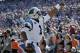 Carolina Panthers quarterback Cam Newton celebrates after throwing a touchdown pas to Devin Funchess during the first half of an NFL football game against the New England Patriots, Sunday, Oct. 1, 2017, in Foxborough, Mass. (AP Photo/Steven Senne)