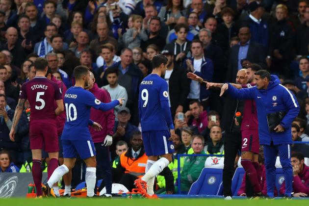 LONDON, ENGLAND - SEPTEMBER 30: Alvaro Morata of Chelsea walks off to be subbed during the Premier League match between Chelsea and Manchester City at Stamford Bridge on September 30, 2017 in London, England.  (Photo by Clive Rose/Getty Images)