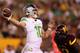 TEMPE, AZ - SEPTEMBER 23: Quarterback Justin Herbert #10 of the Oregon Ducks throws a pass during the second half of the college football game against the Arizona State Sun Devils at Sun Devil Stadium on September 23, 2017 in Tempe, Arizona. (Photo by Christian Petersen/Getty Images)