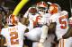 Clemson linebacker Dorian O'Daniel (6) celebrates with his teammates after a pick six during the second half of an NCAA college football game in Blacksburg, Va., Saturday, Sept. 30, 2017. Clemson won the game 31-17. (AP Photo/Steve Helber)