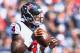 FOXBORO, MASSACHUSETTS - SEPTEMBER 24: Deshaun Watson #4 of the Houston Texans looks to throw during the first quarter of a game against the New England Patriots at Gillette Stadium on September 24, 2017 in Foxboro, Massachusetts. (Photo by Maddie Meyer/Getty Images)
