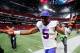 ATLANTA, GA - OCTOBER 01: Tyrod Taylor #5 of the Buffalo Bills celebrates beating the Atlanta Falcons at Mercedes-Benz Stadium on October 1, 2017 in Atlanta, Georgia. (Photo by Kevin C. Cox/Getty Images)