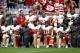 Members of the San Francisco 49ers kneel as others stand during the national anthem prior to an NFL football game against the Arizona Cardinals, Sunday, Oct. 1, 2017, in Glendale, Ariz. (AP Photo/Ross D. Franklin)