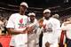 MIAMI, FL - MAY 30: Chris Bosh #1, Dwyane Wade #3, and LeBron James #6 of the Miami Heat celebrate after Game Six of the Eastern Conference Finals against the Indiana Pacers during the 2014 NBA Playoffs on May 30, 2014 in Miami, Fl. NOTE TO USER: User expressly acknowledges and agrees that, by downloading and or using this photograph, User is consenting to the terms and conditions of the Getty Images License Agreement. Mandatory Copyright Notice: Copyright 2014 NBAE (Photo by Issac Baldizon/NBAE via Getty Images)