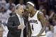 Cleveland Cavaliers head coach Tyronn Lue talks with Iman Shumpert in the second half in Game 2 of a first-round NBA basketball playoff series, Monday, April 17, 2017, in Cleveland. The Cavaliers won 117-111. (AP Photo/Tony Dejak)