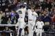 New York Yankees' Aaron Judge (99) celebrates with Gary Sanchez after hitting a two-run home run during the fourth inning of the American League wild-card baseball game against the Minnesota Twins on Tuesday, Oct. 3, 2017, in New York. (AP Photo/Frank Franklin II)