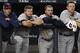 Minnesota Twins players watch during the closing innings of their 8-4 loss in an American League wild-card playoff baseball game against the New York Yankees in New York, Tuesday, Oct. 3, 2017. (AP Photo/Kathy Willens)