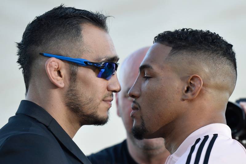 LAS VEGAS, NV - AUGUST 24: (L-R) Opponents Tony Ferguson and Kevin Lee face off during the UFC 215 & UFC 216 Title Bout Participants Las Vegas Media Day at the UFC Headquarters on August 24, 2017 in Las Vegas, Nevada. (Photo by Brandon Magnus/Zuffa LLC/Zuffa LLC via Getty Images)