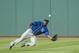 Kansas City Royals' Lorenzo Cain can't get to a ball that went for a single by Cleveland Indians' Yandy Diaz during the third inning of a baseball game in Cleveland, Saturday, Sept. 16, 2017. (AP Photo/Phil Long)
