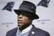 Carolina Panthers quarterback Cam Newton speaks to the media following an NFL football game against the Carolina Panthers, Sunday, Oct. 1, 2017, in Foxborough, Mass. (AP Photo/Steven Senne)