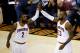 CLEVELAND, OH - JUNE 09: Kyrie Irving #2 and LeBron James #23 of the Cleveland Cavaliers high five against the Golden State Warriors in Game 4 of the 2017 NBA Finals at Quicken Loans Arena on June 9, 2017 in Cleveland, Ohio. NOTE TO USER: User expressly acknowledges and agrees that, by downloading and or using this photograph, User is consenting to the terms and conditions of the Getty Images License Agreement. (Photo by Gregory Shamus/Getty Images)