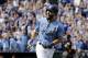 Kansas City Royals' Eric Hosmer celebrates after hitting a solo home run during the first inning of a baseball game against the Arizona Diamondbacks Sunday, Oct. 1, 2017, in Kansas City, Mo. (AP Photo/Charlie Riedel)