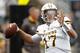 Wyoming quarterback Josh Allen warms up before an NCAA college football game against Iowa, Saturday, Sept. 2, 2017, in Iowa City, Iowa. (AP Photo/Charlie Neibergall)