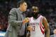 HOUSTON, TX - APRIL 21: Head coach Kevin McHale of the Houston Rockets talks with James Harden #13 during Game Two of the Western Conference Quarterfinals of the 2015 NBA Playoffs at Toyota Center on April 21, 2015 in Houston, Texas. NOTE TO USER: User expressly acknowledges and agrees that, by downloading and/or using this photograph, user is consenting to the terms and conditions of the Getty Images License Agreement. (Photo by Bob Levey/Getty Images)