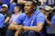 Oklahoma City Thunder guard Russell Westbrook smiles on the bench during before the team's NBA preseason basketball game against the Houston Rockets in Tulsa, Okla., Tuesday, Oct. 3, 2017. (AP Photo/Sue Ogrocki)