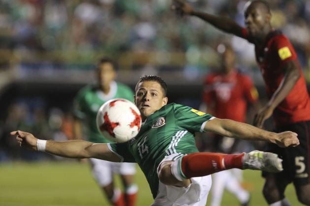Mexico's Javier Hernandez strikes the ball during a World Cup qualifying soccer match between Mexico and Trinidad and Tobago, in San Luis Potosi, Mexico, Friday, Oct. 6, 2017. (AP Photo/Christian Palma)