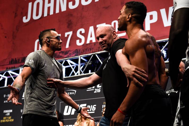 LAS VEGAS, NV - OCTOBER 06: (L-R) Tony Ferguson and Kevin Lee face off during the UFC 216 weigh-in inside T-Mobile Arena on October 6, 2017 in Las Vegas, Nevada. (Photo by Brandon Magnus/Zuffa LLC/Zuffa LLC via Getty Images)