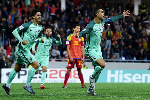 ANDORRA LA VELLA, ANDORRA - OCTOBER 07:  Cristiano Ronaldo (R) of Portugal celebrates with his team mate Andre Silva after scoring the opening goal past the goalkeeper Josep Gomes of Andorraduring the FIFA 2018 World Cup Qualifier between Andorra and Portugal at the Estadi Nacional on October 7, 2017 in Andorra la Vella, Andorra.  (Photo by David Ramos/Getty Images)
