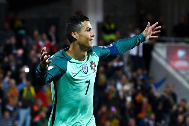 ANDORRA LA VELLA, ANDORRA - OCTOBER 07:  Cristiano Ronaldo of Portugal celebrates after scoring the opening goal past the goalkeeper Josep Gomes of Andorraduring the FIFA 2018 World Cup Qualifier between Andorra and Portugal at the Estadi Nacional on October 7, 2017 in Andorra la Vella, Andorra.  (Photo by David Ramos/Getty Images)