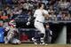 NEW YORK, NY - OCTOBER 08: Greg Bird #33 of the New York Yankees hits a solo-homerun during the seventh inning against the Cleveland Indians in game three of the American League Division Series at Yankee Stadium on October 8, 2017 in New York City. (Photo by Abbie Parr/Getty Images)