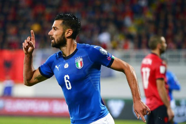 Italy's midfielder  Antonio Candreva celebrates after  scoring a goal   during  the FIFA World Cup 2018 qualification football match between Albania and Italy at Loro Borici Stadium in Shkoder on October 9, 2017. / AFP PHOTO / Dimitar DILKOFF        (Photo credit should read DIMITAR DILKOFF/AFP/Getty Images)