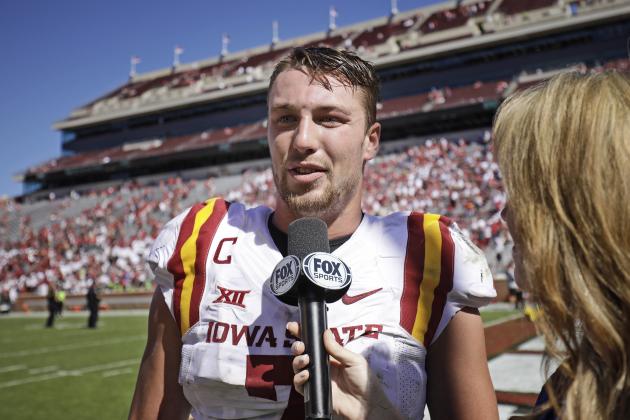 NORMAN, OK - OCTOBER 07: Quarterback Joel Lanning #7 of the Iowa State Cyclones speaks to the media after the game against the Oklahoma Sooners at Gaylord Family Oklahoma Memorial Stadium on October 7, 2017 in Norman, Oklahoma. Iowa State defeated Oklahoma 38-31. (Photo by Brett Deering/Getty Images)