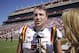 NORMAN, OK - OCTOBER 07: Quarterback Joel Lanning #7 of the Iowa State Cyclones speaks to the media after the game against the Oklahoma Sooners at Gaylord Family Oklahoma Memorial Stadium on October 7, 2017 in Norman, Oklahoma. Iowa State defeated Oklahoma 38-31. (Photo by Brett Deering/Getty Images)