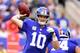 EAST RUTHERFORD, NJ - OCTOBER 08: Eli Manning #10 of the New York Giants looks to pass against the Los Angeles Chargers during the first quarter during an NFL game at MetLife Stadium on October 8, 2017 in East Rutherford, New Jersey. (Photo by Steven Ryan/Getty Images)