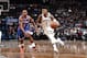 BROOKLYN, NY - OCTOBER 8: D'Angelo Russell #1 of the Brooklyn Nets handles the ball against the New York Knicks during a preseason game on October 8, 2017 at Barclays Center in Brooklyn, New York. NOTE TO USER: User expressly acknowledges and agrees that, by downloading and or using this Photograph, user is consenting to the terms and conditions of the Getty Images License Agreement. Mandatory Copyright Notice: Copyright 2017 NBAE (Photo by Nathaniel S. Butler/NBAE via Getty Images)