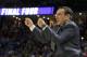 Duke head coach Mike Krzyzewski shouts at his team during the first half in a second-round game against South Carolina in the NCAA men's college basketball tournament in Greenville, S.C., Sunday, March 19, 2017. (AP Photo/Chuck Burton)