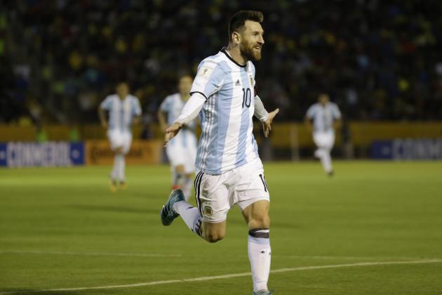 Argentina's Lionel Messi celebrates after scoring his third goal against Ecuador during their 2018 World Cup qualifying soccer match at the Atahualpa Olympic Stadium in Quito, Ecuador, Tuesday, Oct. 10, 2017. (AP Photo/Fernando Vergara)