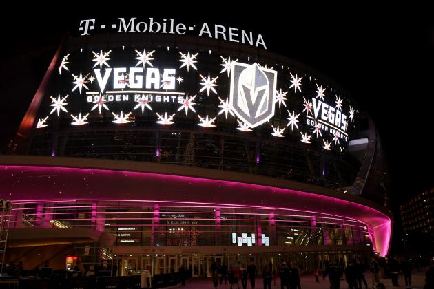 LAS VEGAS, NV - NOVEMBER 22:  The team name and logo for the Vegas Golden Knights are displayed on T-Mobile Arena's video mesh wall after being announced as the name for the Las Vegas NHL franchise at T-Mobile Arena on November 22, 2016 in Las Vegas, Nevada. The team will begin play in the 2017-18 season.  (Photo by Ethan Miller/Getty Images)