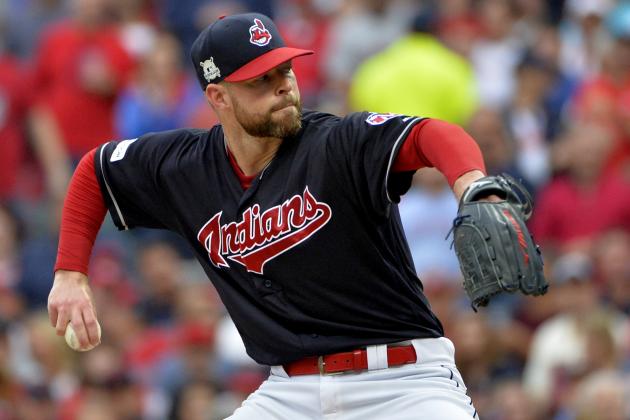 Cleveland Indians starting pitcher Corey Kluber delivers in the first inning of Game 2 of baseball's American League Division Series against the New York Yankees, Friday, Oct. 6, 2017, in Cleveland. (AP Photo/Phil Long)