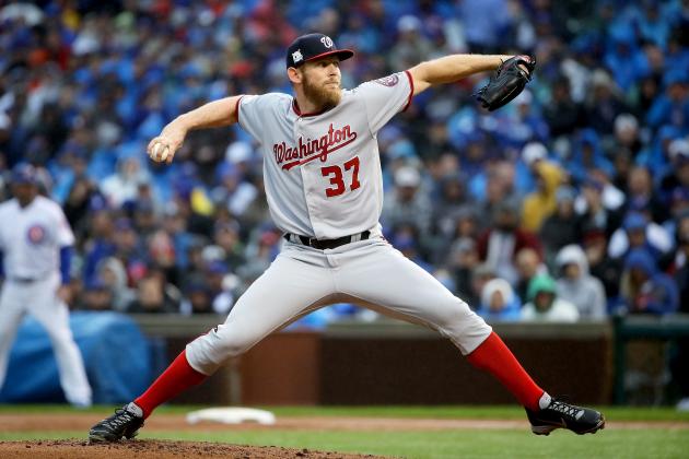 CHICAGO, IL - OCTOBER 11:  Stephen Strasburg #37 of the Washington Nationals pitches in the second inning during game four of the National League Division Series against the Chicago Cubs at Wrigley Field on October 11, 2017 in Chicago, Illinois.  (Photo by Jonathan Daniel/Getty Images)