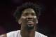 PHILADELPHIA, PA - OCTOBER 06: Joel Embiid #21 of the Philadelphia 76ers looks on prior to the game against the Boston Celtics at the Wells Fargo Center on October 6, 2017 in Philadelphia, Pennsylvania. NOTE TO USER: User expressly acknowledges and agrees that, by downloading and or using this photograph, User is consenting to the terms and conditions of the Getty Images License Agreement (Photo by Mitchell Leff/Getty Images)